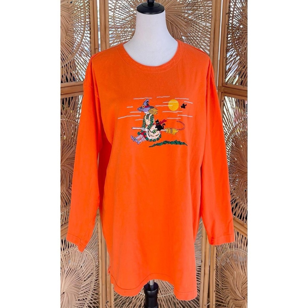 90s Vintage Basic Editions Orange Embroidered Halloween Long Sleeve Night Shirt